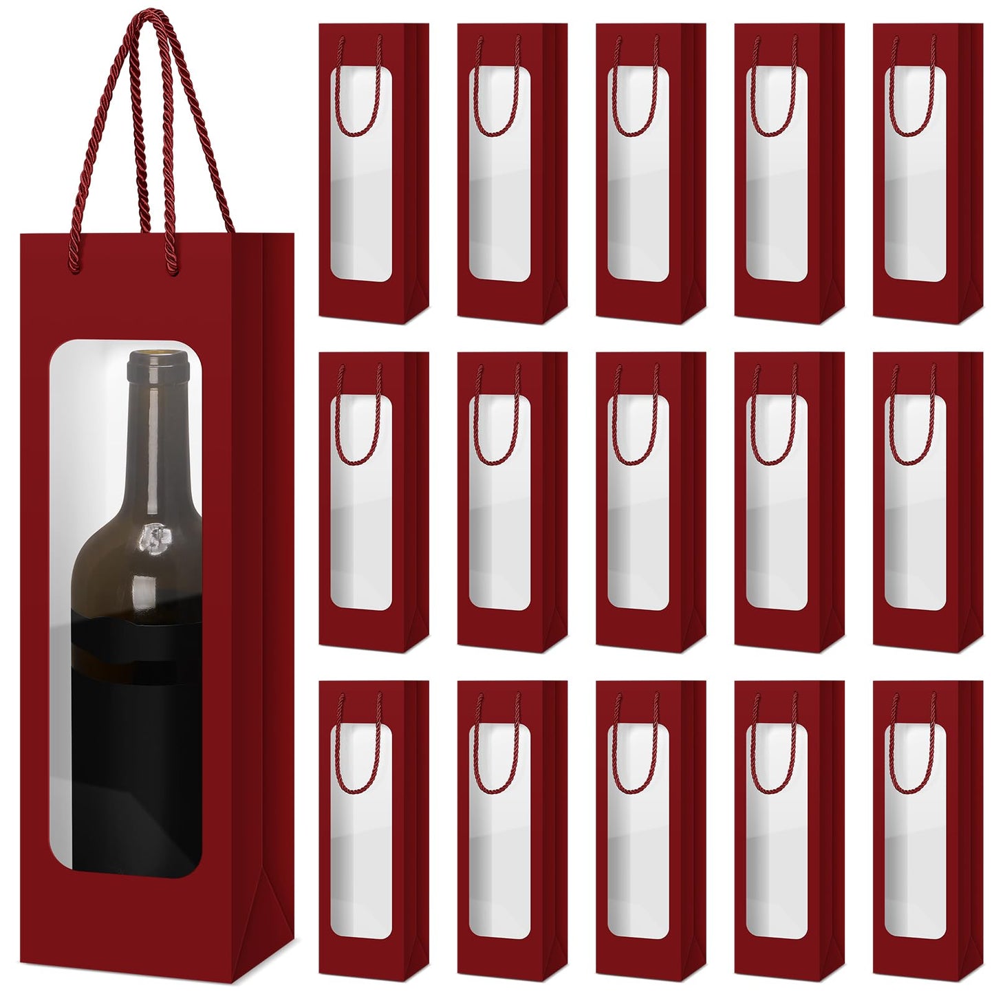 Tioncy 24 Pcs Single Wine Bottle Gift Bag Bulk Wedding Champagne Boxes with Clear Window Handles Reusable Holiday Party Favor(Burgundy)