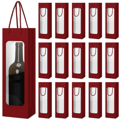 Tioncy 24 Pcs Single Wine Bottle Gift Bag Bulk Wedding Champagne Boxes with Clear Window Handles Reusable Holiday Party Favor(Burgundy)