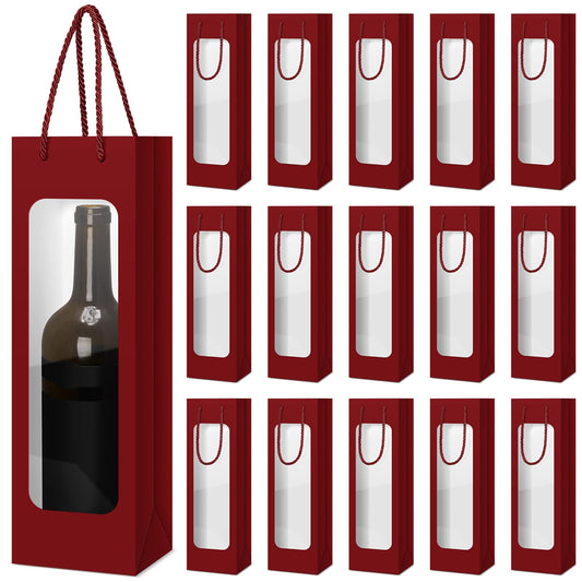 Tioncy 24 Pcs Single Wine Bottle Gift Bag Bulk Wedding Champagne Boxes with Clear Window Handles Reusable Holiday Party Favor(Burgundy)