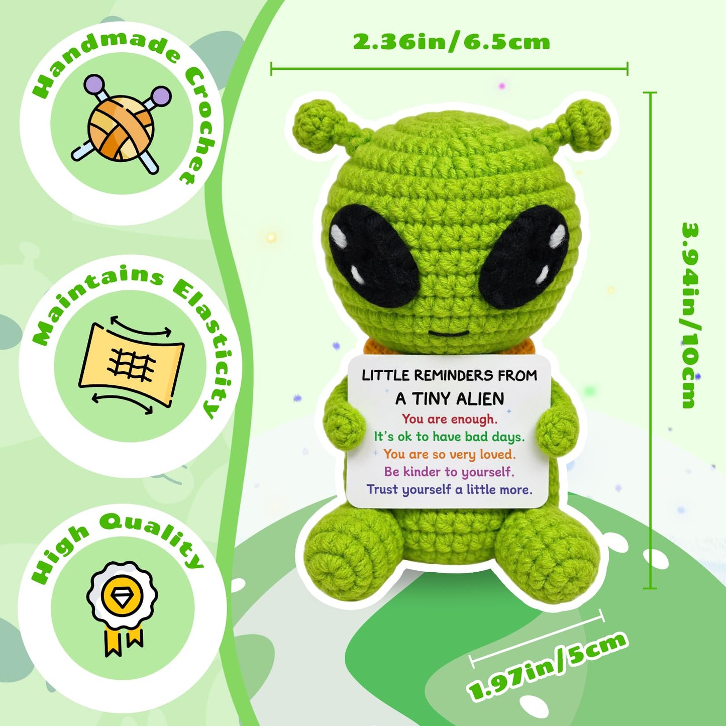 Funny Positive Crochet Alien, Birthday Gifts for Women Men, Cute Gag Handmade Emotional Support Alien Plush Decor, Unique Graduation Inspirational Gifts for Him Her Son Coworker Friend