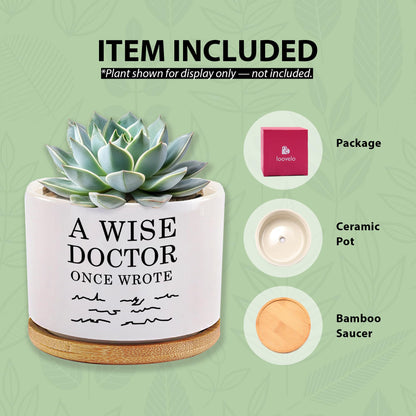 A Wise Doctor Once Wrote Ceramic Succulent Plant Pot with Tray Doctor Gifts Home Office Decor Indoor Plant Dr Graduation Gift 3.5 Inch White (No Plants) (with Bamboo Tray)