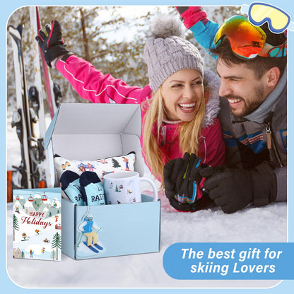 Potchen 6 Pcs Ski Gifts Set Winter Skiing Ceramic Mug, Socks for Skiers, Makeup Bag, Card, Acrylic Christmas Ornament and Box Skiing Accessories for Ski Lovers Women Men Snowboarder