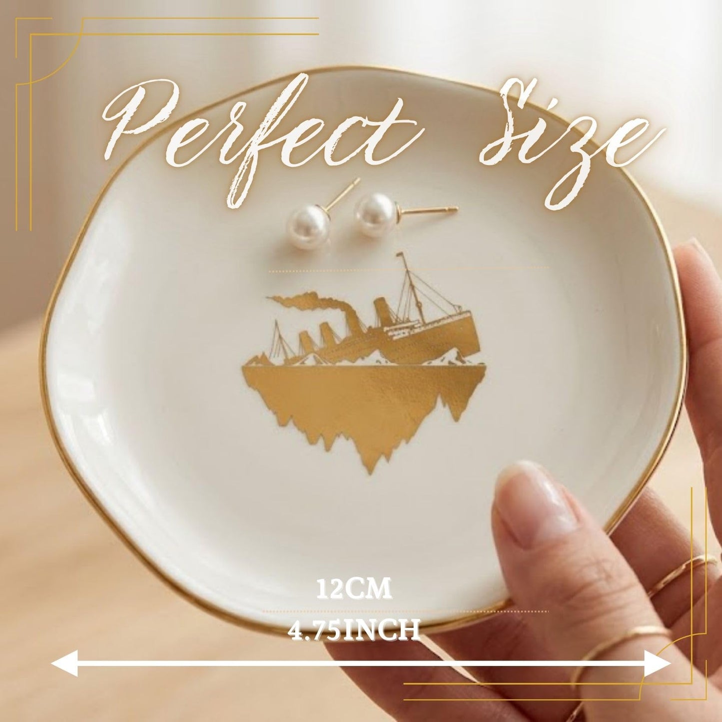 InnoBeta Titanic Gifts - 4.75" Handcrafted Ceramic Ring Dish with Gold Trim, Decorative Trinket Dish for Rings Earrings Necklaces