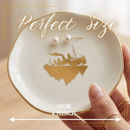 InnoBeta Titanic Gifts - 4.75" Handcrafted Ceramic Ring Dish with Gold Trim, Decorative Trinket Dish for Rings Earrings Necklaces