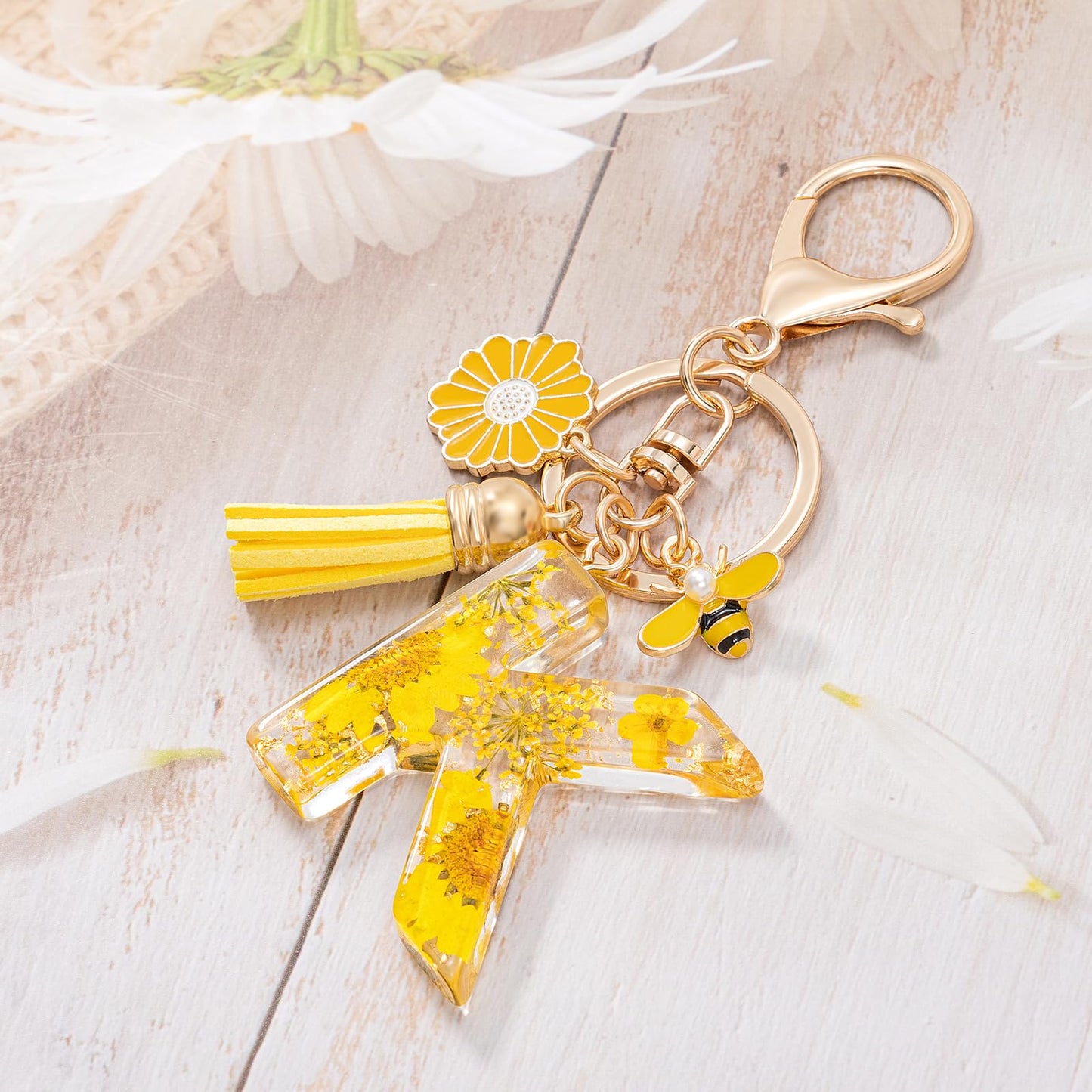 MWOOT Initial Letter Keychain Resin Alphabet Keyrings,Yellow Petals Gold Foil Key Ring Key Chain Charm