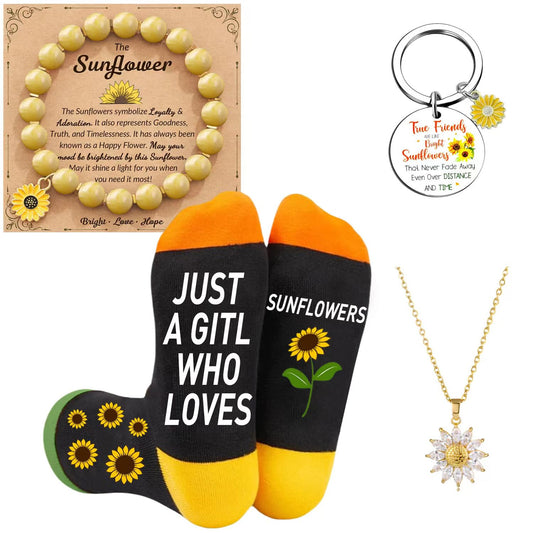 Sunflower Gift Set for Women: Sunflower Necklace, Bracelets, Socks & Keychain - Sunflower Lovers Gifts for Any Occasion