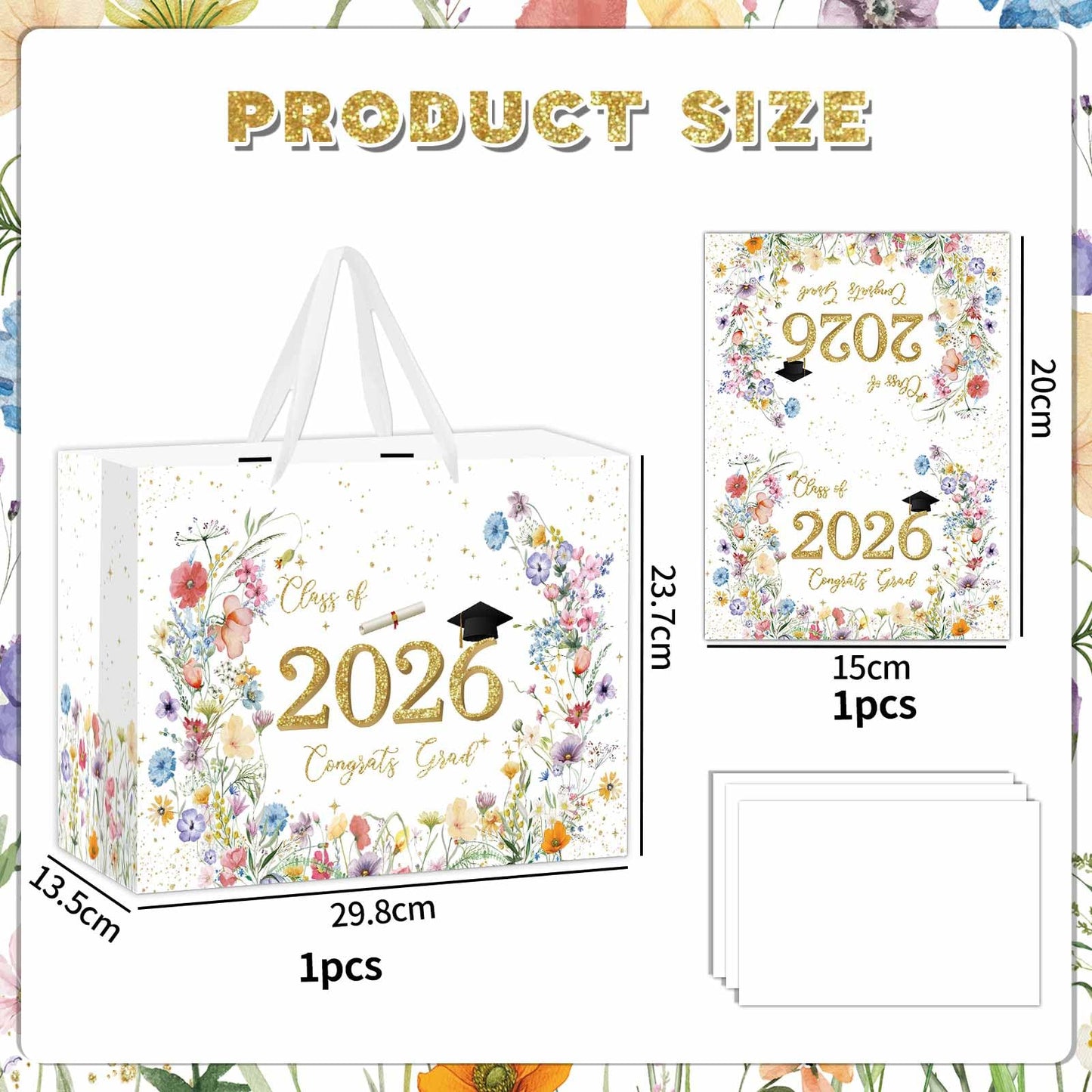 Zliisang 1PCS Class of 2026 Graduation Gift Bag for Girls with Tissue Paper and Greeting Card Wildflower Floral Congrats Grad Party Favor Supplies Graduation Party Decorations