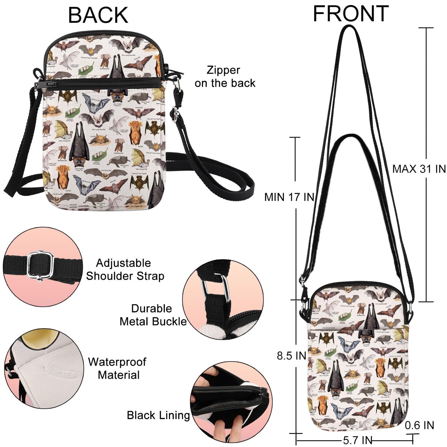 G2TUP Bat Crossbody Bag Bat Themed Gifts Bat Species Gifts Vampire Bat Gift Bat Lover Shoulder Bag