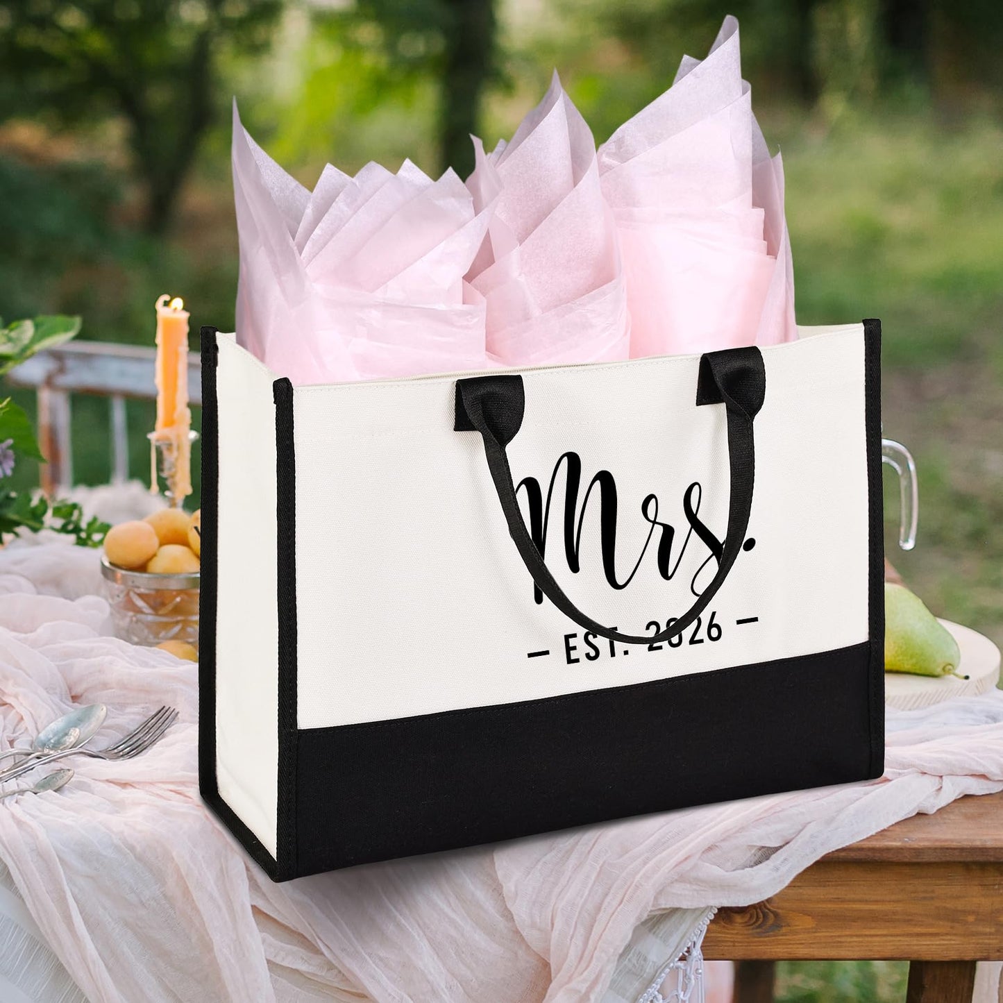 Lamyba Bride Tote Bag,Bridal Shower/Bachelorette Party/Wedding Day Gifts for Bride To Be,Mrs Bag EST 2026,Interior Pocket,Black and White
