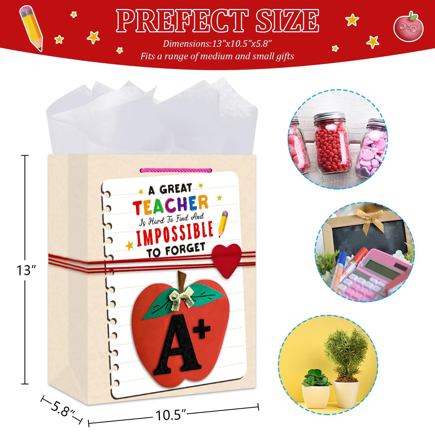 BIZIBAFF Teacher Gift Bag - 13" Large Teacher Appreciation Gift Bag with Tissue Paper and Handle Thank You Teachers Retirement Gifts Bag Graduation End of Year Gift for Teachers Appreciation