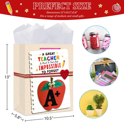 BIZIBAFF Teacher Gift Bag - 13" Large Teacher Appreciation Gift Bag with Tissue Paper and Handle Thank You Teachers Retirement Gifts Bag Graduation End of Year Gift for Teachers Appreciation