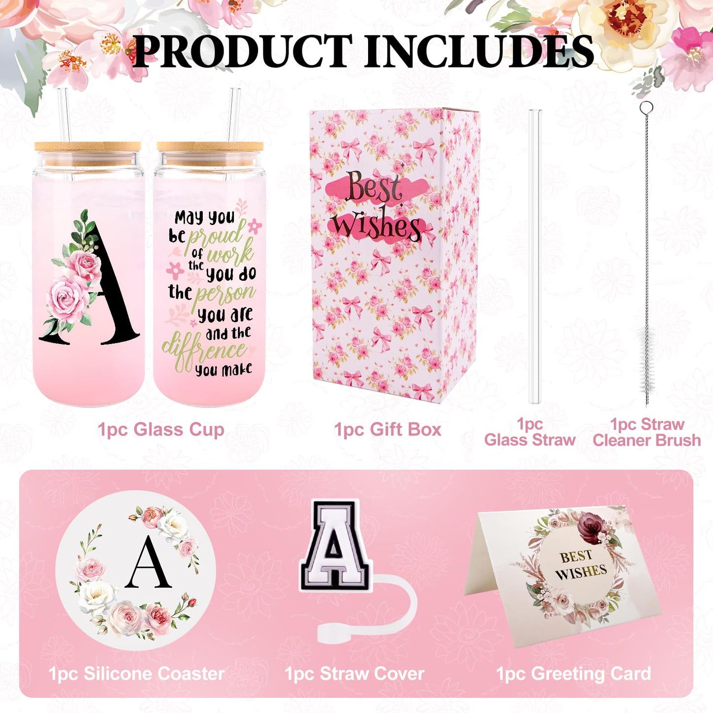 Initial Glass Cups with Lids and Straws, Personalized Gifts for Women, Iced Coffee Cup Glass Tumbler, Birthday Bridesmaid Proposal Inspirational Customized Gifts for Her Girls (A)