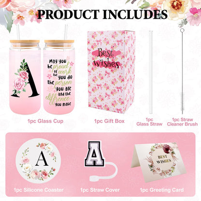 Initial Glass Cups with Lids and Straws, Personalized Gifts for Women, Iced Coffee Cup Glass Tumbler, Birthday Bridesmaid Proposal Inspirational Customized Gifts for Her Girls (A)