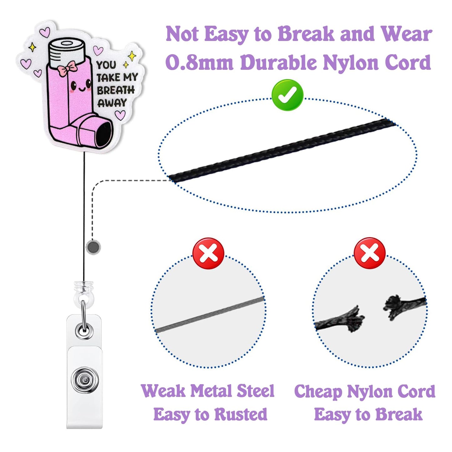 You Take My Breath Away Badge Reel Retractable, Funny Respiratory Therapist ID Badge Reel for Work, Cute RT RRT Inhaler Badge Clip, Asthma Badge Holder with Alligator Clip & 24” Durable Nylon Cord
