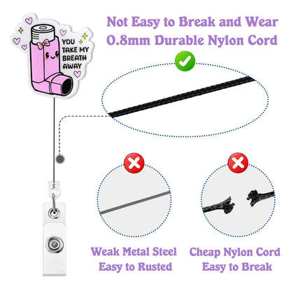 You Take My Breath Away Badge Reel Retractable, Funny Respiratory Therapist ID Badge Reel for Work, Cute RT RRT Inhaler Badge Clip, Asthma Badge Holder with Alligator Clip & 24” Durable Nylon Cord