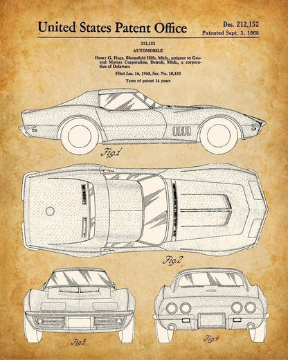 Original Corvette Patent Art Prints - Set of Four Photos (8x10) Unframed - Makes a Great Man Cave Decor and Gift Under $20 for Corvette Owners and Car Enthusiasts