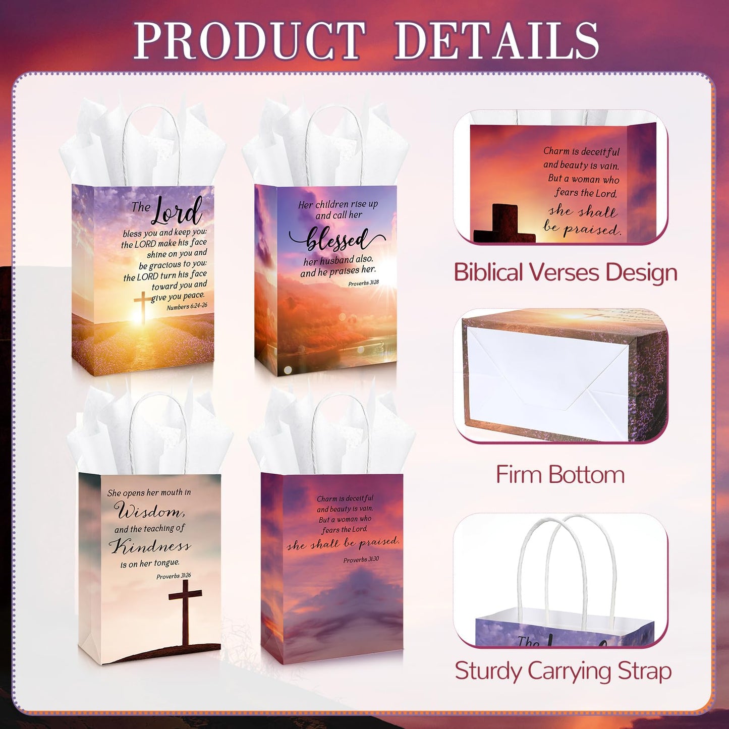 Moinchore 50 Sets Fathers Day Christian Gifts Bags Bulk with Tissue Religious Bible Verse Church Baptism Paper Gifts Bags for Men Women with Handle for Church Welcome Visitors, 4 Styles