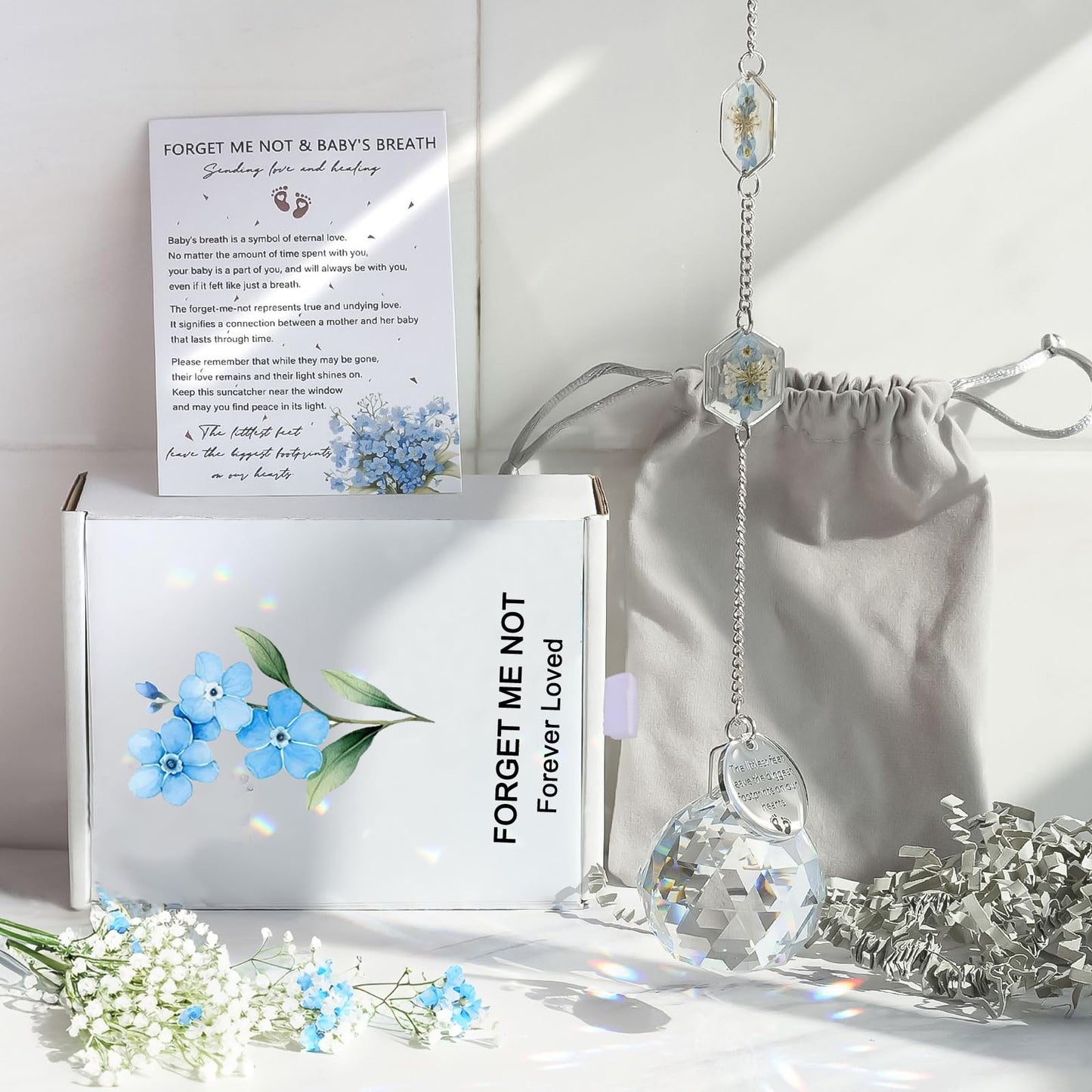 Miscarriage Memorial Suncatcher Gifts for Mothers Dad, Handmade Forget Me Not Baby's Breath Pressed Flower Miscarriage Ornament, Bereavement Remembrance Gift for Loss of Baby (Blue White)