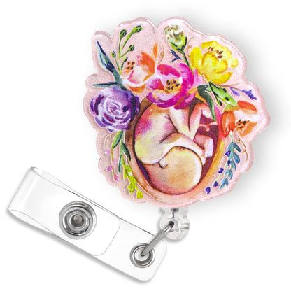 Floral Fetus L&D Badge Reel Retractable for Labor and Delivery Nurse & Midwife, NICU Badge Reel, Maternity Badge Clip, Cute OB/GYN Badge Holder with Alligator Clip & 24” Durable Nylon Cord | Acrylic