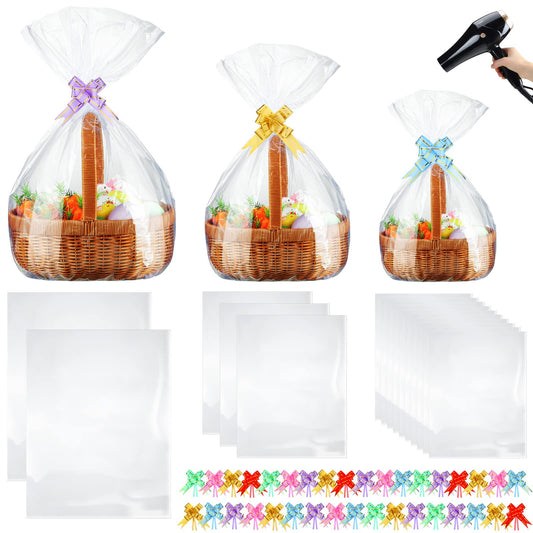 CHENGU 95 Pcs 3 Sizes Shrink Wrap Bags for Gift Baskets 20" x 28" 16" x 24" 14" x 18" Clear Plastic Heat Shrink Cellophane Bags and 6 Color Pull Bows for Easter Christmas Baskets Packaging