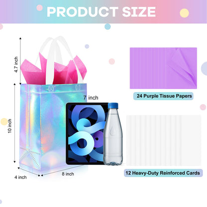 Addblu 12 Pack Reusable Gift Bags with Handles & 24 Tissue Papers, 10x4x8 Inch Iridescent Gift Bags with Cardboard Bases for Shopping, Parties, Birthdays, Weddings, Holiday, Father's Day (Purple Gift Bag)