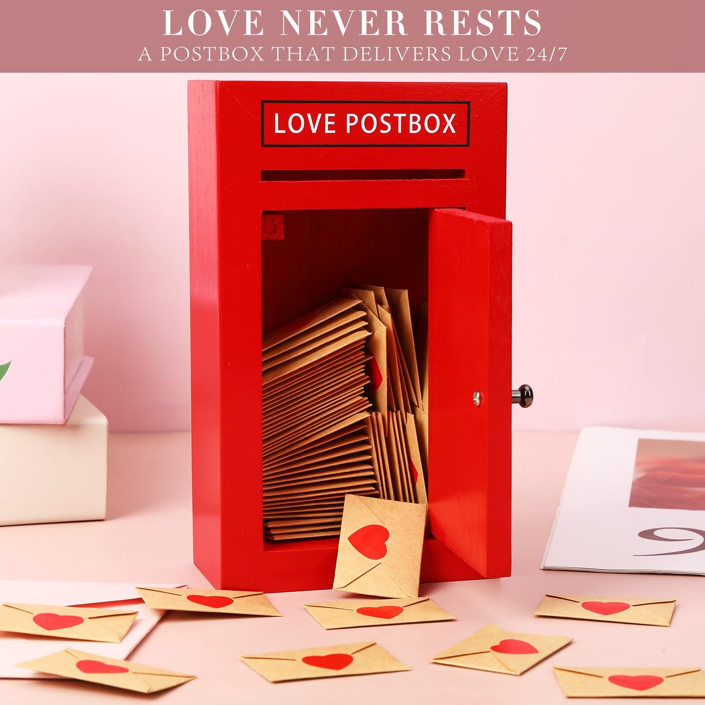 Romantic Love Postbox with 50 Mini Love Notes and Envelopes, Valentines Day Gifts for Him, Cute Valentines Gift for Husband Boyfriend, Vday LoveLetter, Long Distance Relationship Gifts