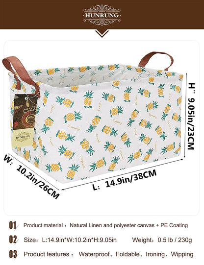 Rectangle Canvas Storage Basket Foldable Waterproof Toy Organizer Bin with Handles Fabric Collapsible Storage Bins for Shelves Kids Room Playroom Nursery Clothes and Pet Supplies(Rectangle Pineapple)