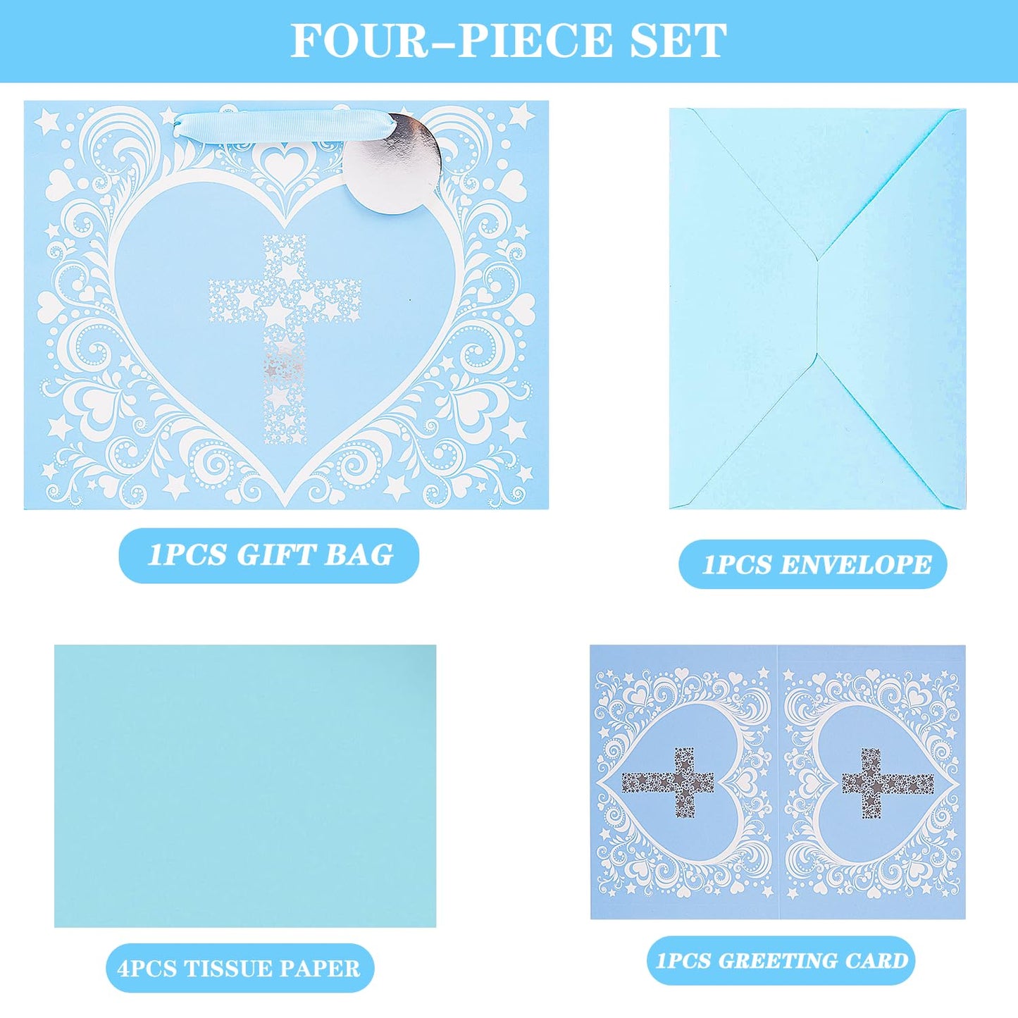 JWSCYSY 12.6" Large Blue Gift Bag with Metallic Silver Star Cross Design, Card and Tissue Paper for Baby Boy Baptisms, Christenings, First Communions Religious