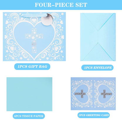 JWSCYSY 12.6" Large Blue Gift Bag with Metallic Silver Star Cross Design, Card and Tissue Paper for Baby Boy Baptisms, Christenings, First Communions Religious
