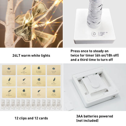 PEIDUO Set of 2 Money Trees, Lighted 22Inch 24LT White Birth Tree with Clips and Greeting Cards, Gift Card Holder for Birthday,Christmas, Wedding, Father's Day Graduation Gifts, Money Tree Gift Holder