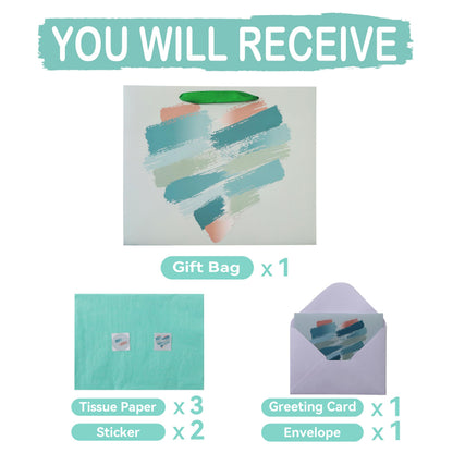 wishinside 13" Large Mint Green and Peach Gift Bag Set with Greeting Card and Tissue Papers for Valentines Day, Birthday Party, Wedding, Anniversary, Mother's Day, Brushstroke Heart Design, 1Pcs