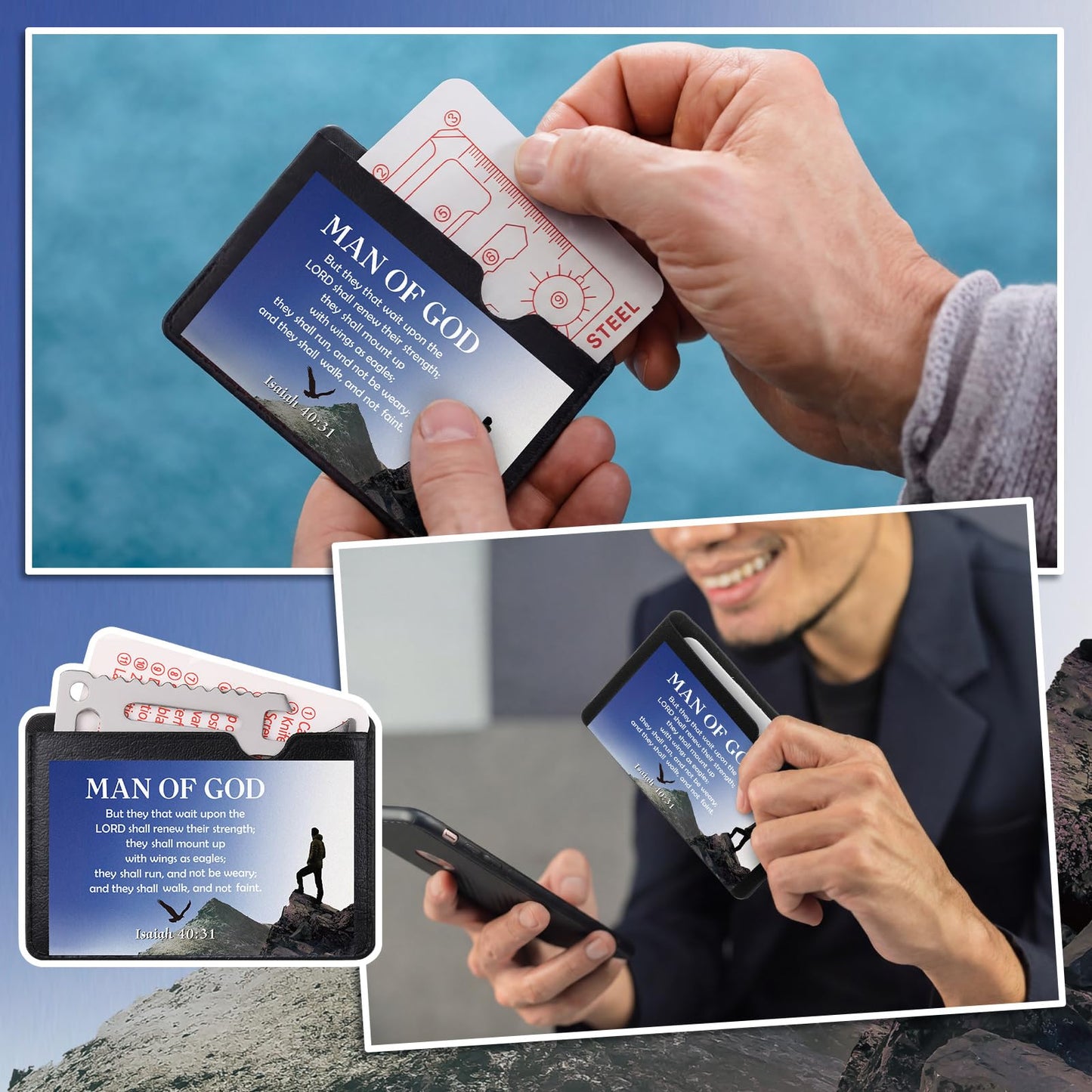 10 Sets Father's Day Christian Gifts for Men Bulk Man of God Wallet Multi Tool 11 in 1 Multitool Credit Card Bulk Survival Wallet Tool Bible Verse Pocket for Church Prizes Party Favor