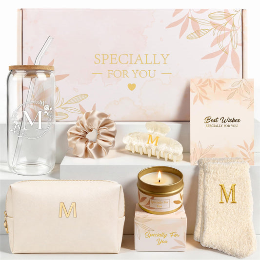 M Personalized Gifts for Women - Initial Cute Hair Clips + Glass Cups w/Lids Straws, Makeup Bag Monogrammed Gifts for Women，Unique Ideas Birthday Gift for Her, Christmas & Bridesmaid Gift