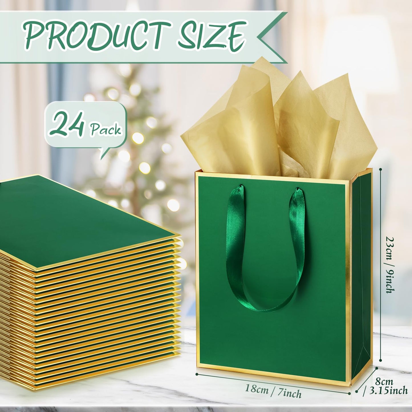 Yeaqee 24 Pack Metallic Paper Gift Bags with Handle and Tissue 9x7x3.1 Gold Foil Welcome Thank You Favor Bags Return Gifts for Wedding Graduation Bridesmaid Groomsmen Birthday(Green Gold)