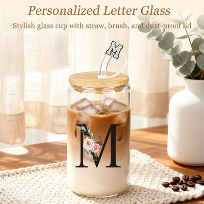 Birthday Gifts for Women, 10pcs Monogrammed Gifts for Women Initial Canvas Tote Bag, Makeup Bag, Glass Cup, Hair Clip, Candle Basket Birthday Personalized Gift for Her Woman Mom Wife Friend Teacher, M