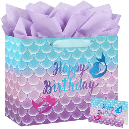 Yusenguan 16.5" Extra Large Mermaid Happy Birthday Gift Bag Set with Tissue Paper, Greeting Card and Handles, Perfect for Kids and Girls’ Birthday Parties