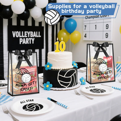 Aliceset 12 Pcs Volleyball Clear Goodie Bag with Die Cut Handles and Ribbons Sport Theme Party Favor Bags for Volleyball Team Snack Wrapping Teamer Gifts Birthday Party Treats Supplies, 7x10x3.15 Inch
