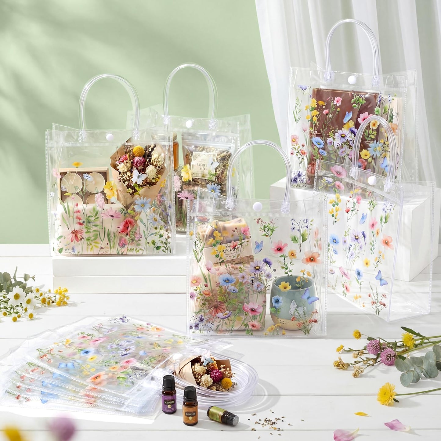 Resholder 24 Pcs Spring Floral Clear Gift Bags Wildflowers Goodie Bags with Handle 8 x 8 x 3.15 Inch Return Gift Wrap Tote for Guests Birthday Bridal Shower Wedding Tea Spring Summer Party Supplies