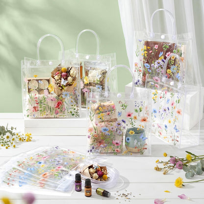 Resholder 24 Pcs Spring Floral Clear Gift Bags Wildflowers Goodie Bags with Handle 8 x 8 x 3.15 Inch Return Gift Wrap Tote for Guests Birthday Bridal Shower Wedding Tea Spring Summer Party Supplies