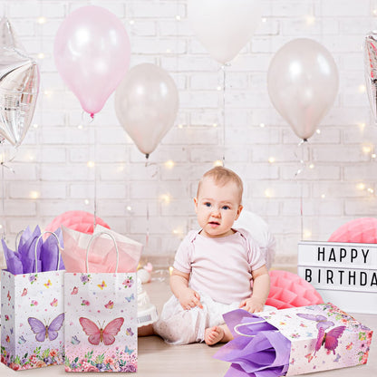 16 Pack Butterfly Goodie Bags with Handles - Sydney Paper Pink Purple Birthday Present Bags for Kids Baby Shower Party Decorations