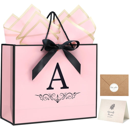 KeerxunBag Paper Personalized Gift Bags for Women Girls with Initial - Monogrammed Pink Paper Gift Bag with Ribbon Bow, Matching Tissue Paper, Card and Envelope Sticker (A, Medium)