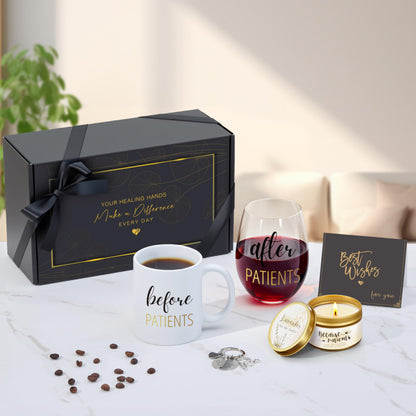 Before Patients After Patients Gift Set 11 oz Coffee Mug and 18 oz Stemless Wine Glass Set Gifts for Doctors, Nurses, Hygienists, Physician Dentist, Graduation Gifts