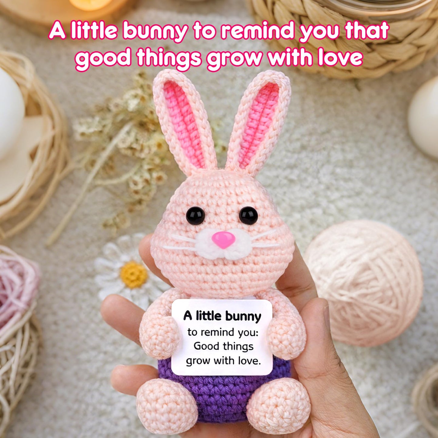 5 Pcs Finished Easter Positive Crochet Animals for Teen Girls & Adults Women, Handmade Filled Easter Basket with Crochet Bunny, Carrot, 2 Eggs, Easter Decoration Gifts Prefilled with Animal Stuffers
