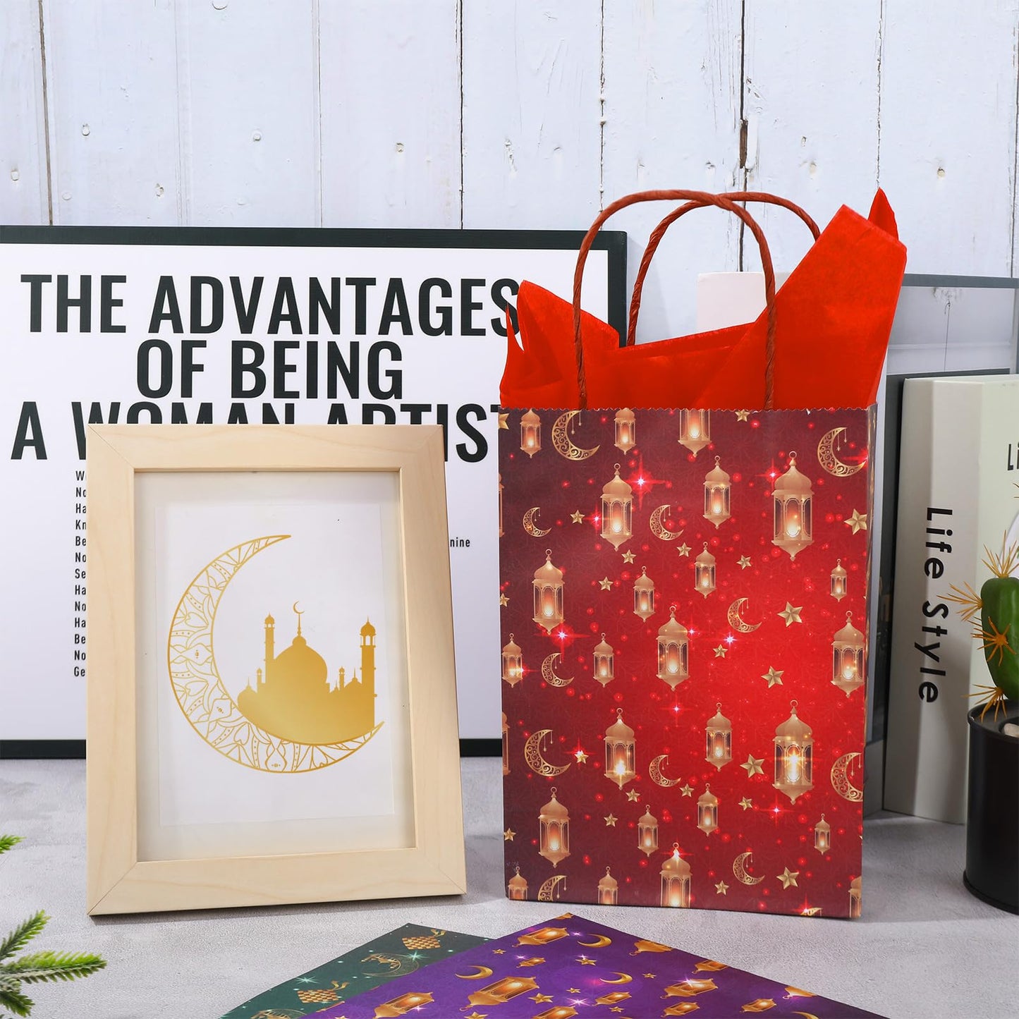 FYSUIMU 16Pcs Eid Mubarak Paper Bags with 20 Sheets Tissue Paper Gold Mosque Moon Star Treat Bags with Handles Candy Goodie Bags for Ramadan Muslim Party Favors Supplies