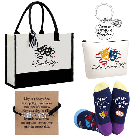 Mimorou 6 Pcs Theater Gifts Set for Women Drama Lover Gifts with Trapezoid Canvas Tote Cosmetic Bag Novelty Socks Keychain Bracelet Card for Theater Broadway Lover Musical Actor Graduation Gift