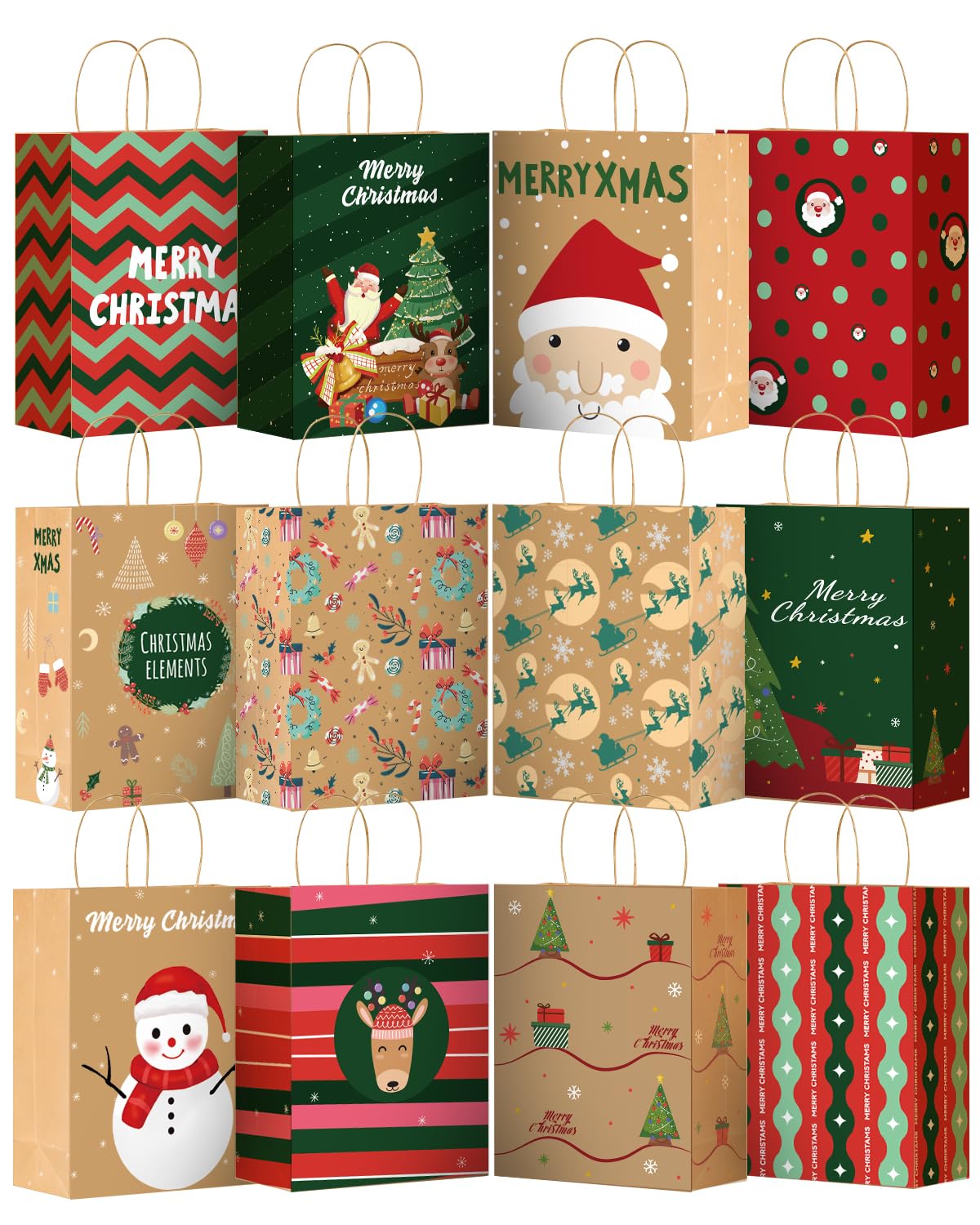 Bolthy Mid 24PCS Christmas Gift Bags 8" L × 4.25" W × 10.5" H - 12 Assorted Designs Kraft Paper Gift Bags, Eco-Friendly Durable Sac Cadeau for Holidays, Party Favors & Decorative Packaging