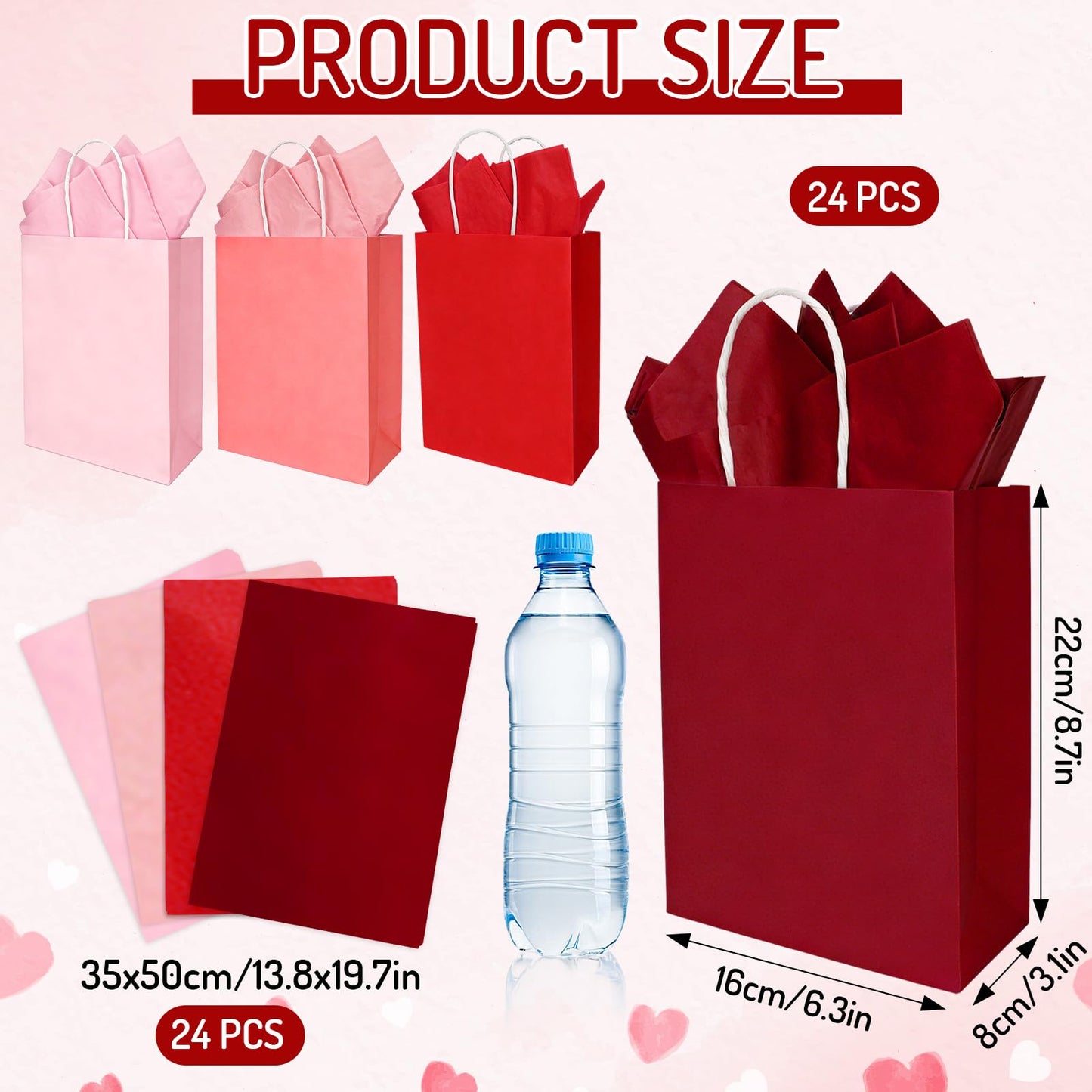 Whaline 24 Pcs Valentine's Day Gift Bags Valentines Kraft Paper Bags with Tissue Paper Gradient Red Pink Party Favor Bag Treat Goodie Bag for Anniversary Wedding Gift Giving Classroom Exchange Prizes