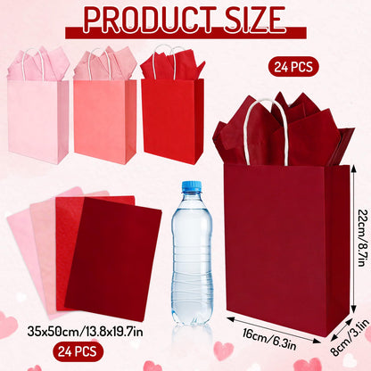 Whaline 24 Pcs Valentine's Day Gift Bags Valentines Kraft Paper Bags with Tissue Paper Gradient Red Pink Party Favor Bag Treat Goodie Bag for Anniversary Wedding Gift Giving Classroom Exchange Prizes
