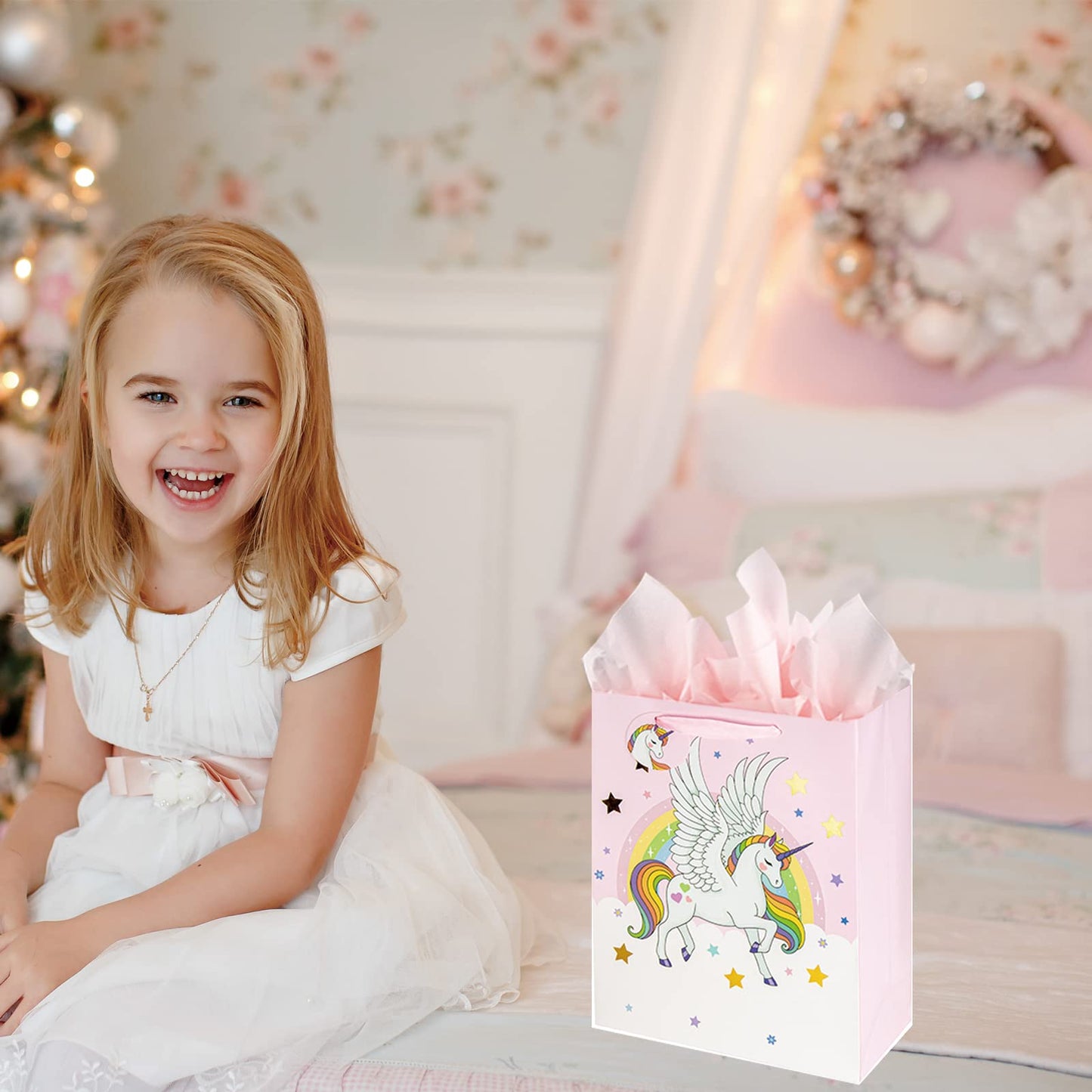 Laidans 13" Large Unicorns Gift Bag for Girls and Kids Birthday Baby Shower with Tissue Paper 1-Pack
