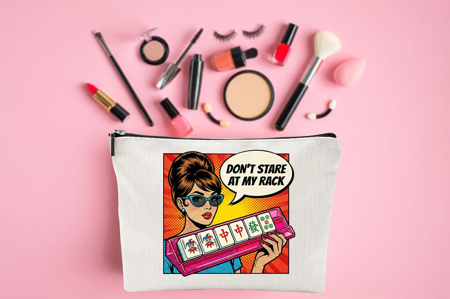 ZUYUROU Funny Mahjong Gifts for Women - Don't Stare At My Rack Makeup Bag - Retro Pop Art American Mahjong Accessories - Zipper Pouch for NMJL Card, Tiles, and Cosmetics - Unique Game Night Prize